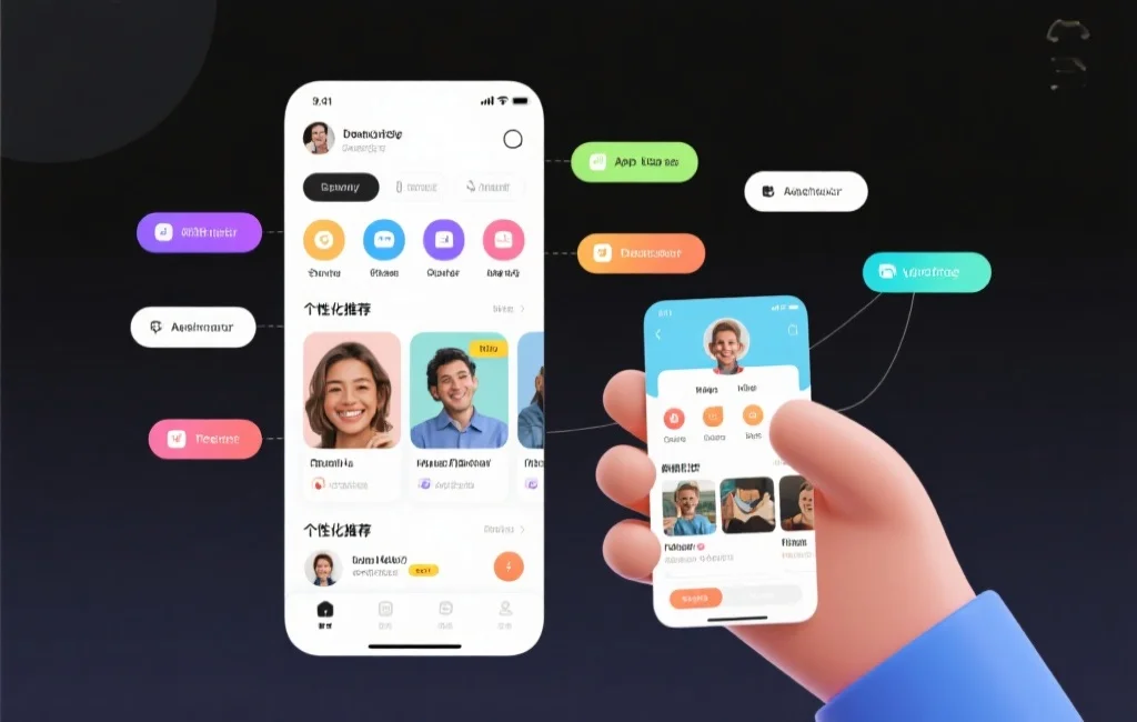 现代风格的APP界面展示多项独家功能标签与个性化推荐内容,旁边有用户满意地浏览