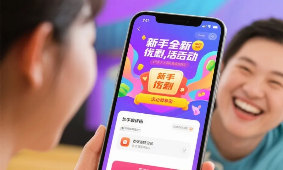 多彩的界面上展示着新手专属福利与活动弹窗,用户面带微笑地查看